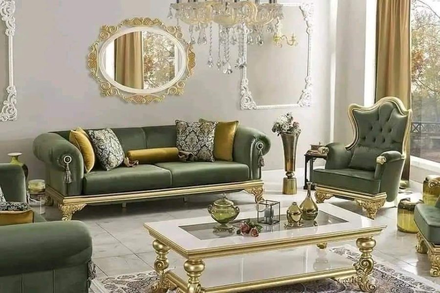 ڈرائنگ روم کے لیے گرین ویلویٹ صوفہ سیٹ--2 (3 سیٹر) حیرت انگیز سینٹر ٹیبل کے ساتھ 2 سنگل صوفہ