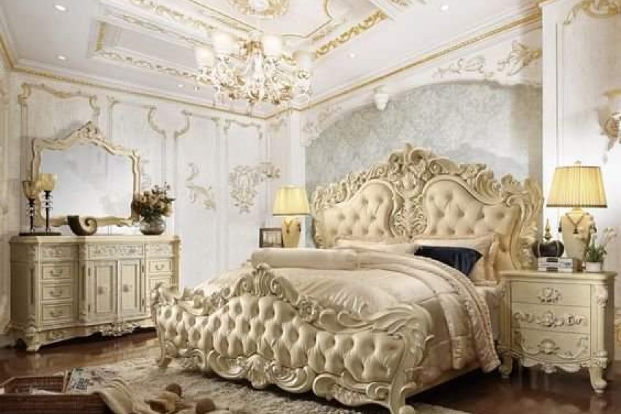 White Color Decent Bedroom Set with 1 Bed 2 Side Table and Dressing Table with Mirror