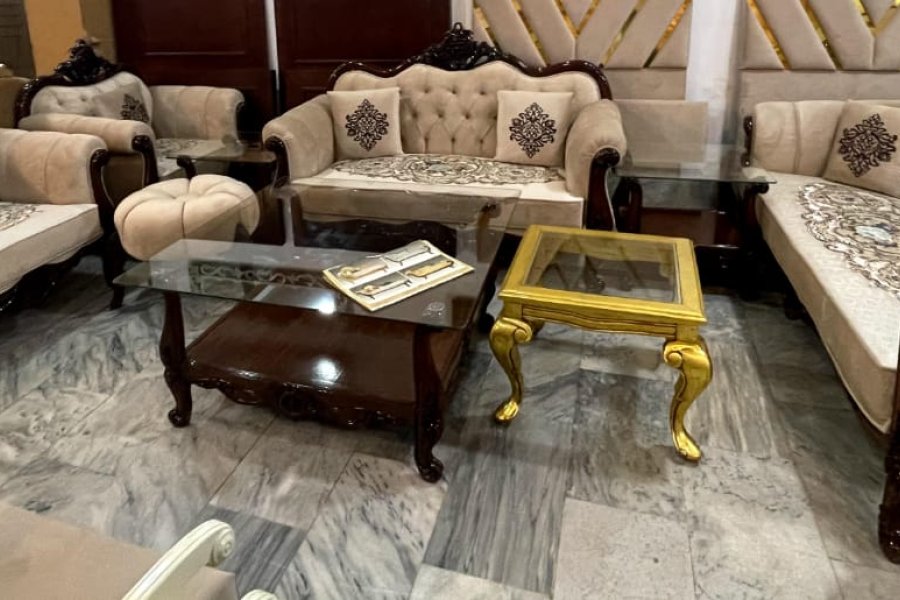 Chenioti 7 Seater Sofa with Center Table Set along with Glass Top of Table