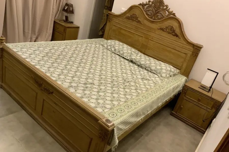 Double bed with mattress, side tables and dressing table