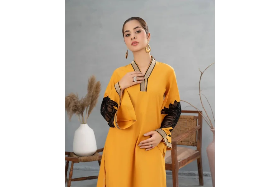 SUMMER LILEN STUFF WITH EMBROIDERY  2Pc Set Yellow Color