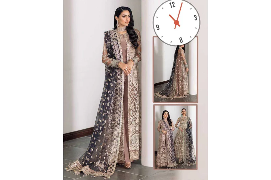 Baroque Heavy Embroidered Formal Wedding Collection- TeaPink/Blue