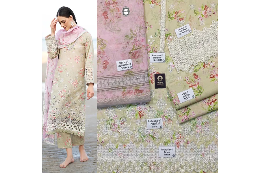 Baroque Digital Printd سوئس لان چکنکاری مجموعہ -TeaGreen/Pink