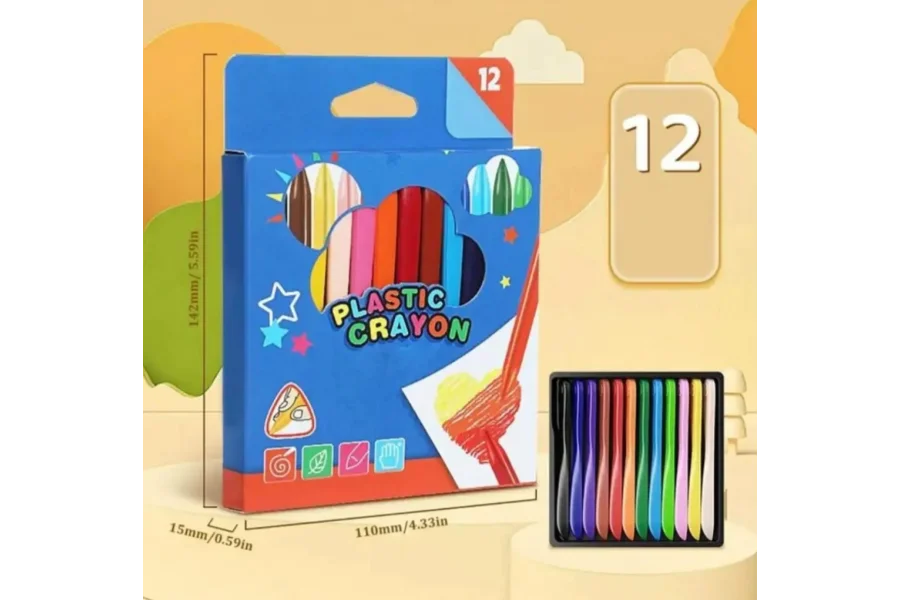 باکس کے ساتھ 12 آرٹ سپلائی بچوں کے پلاسٹک کریون کا پیک