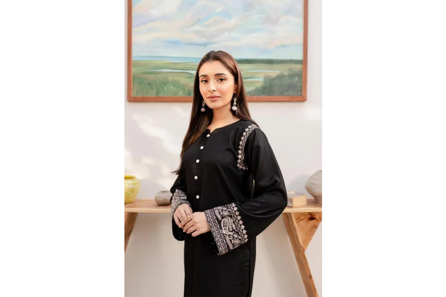 2 Pcs Womens Stitched Linen Embroidered Frock And Trouser