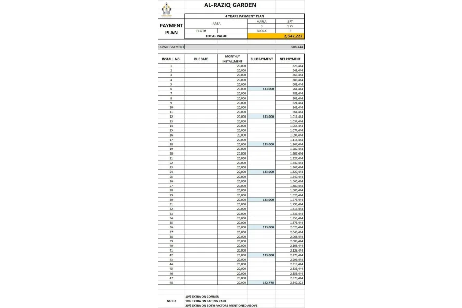 Al Raziq Garden Plots on installment ( 4 Years Payment Plan)