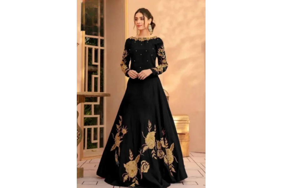 1 Pc Embroidered Round Neck Silk Maxi – Elegant and Stylish