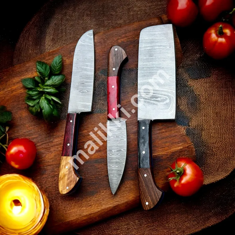 Rustic Elegance Damascus Steel Kitchen Knife Trio with Exotic Wood Handles