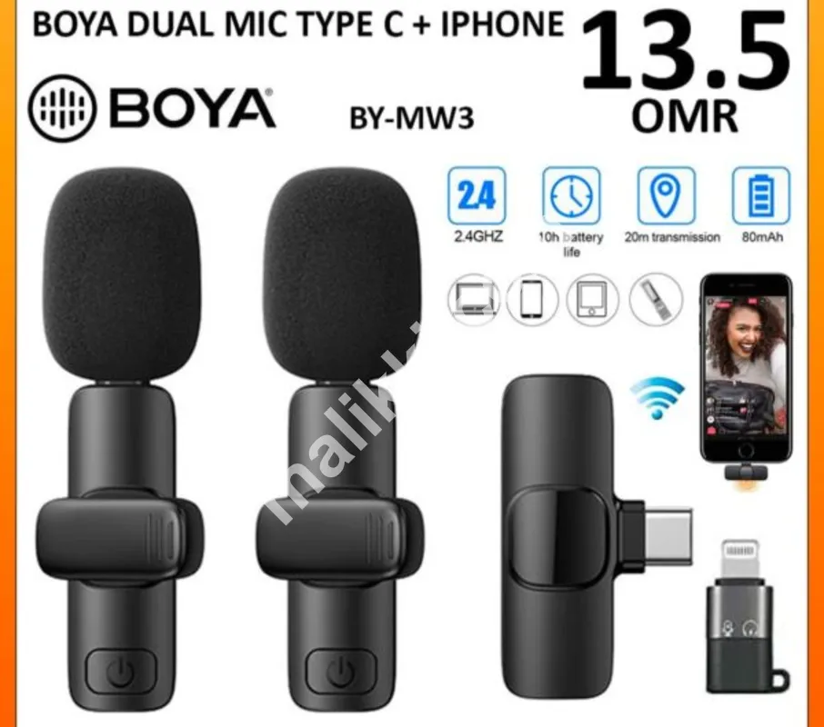 BOYA BYMW3 Wireless MIC Dual MICROPHONE Vlogging Mic, For Podcast, Interviews, with Microphone for Type C, Android, IOS Lightining & 3.5mm Jack