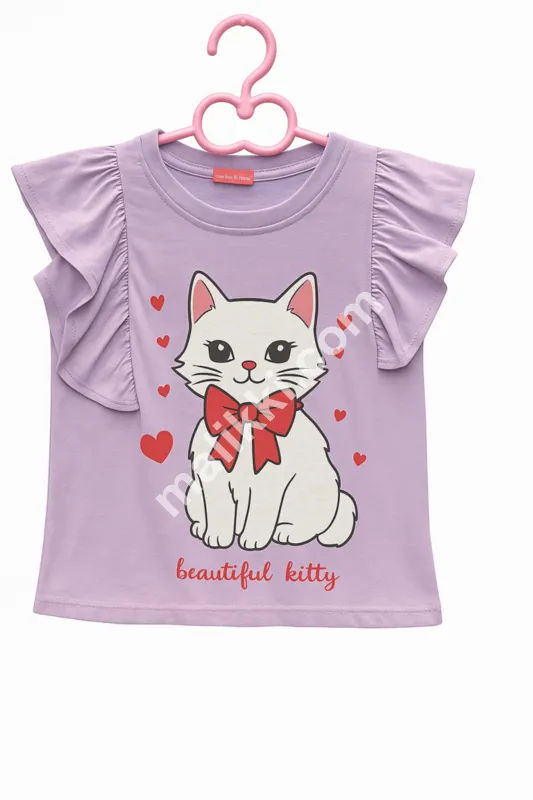 Lavender Ruffle Sleeve Beautiful Kitty Top for Girls  