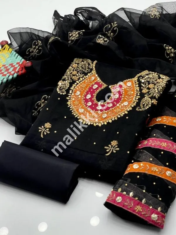 3 Pc Women's Unstiched Organza Embroided Suit