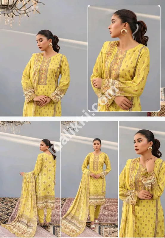 جاوید آرٹس نور بانو کلیکشن 3 پی سی ایس بغیر سلے ہوئے لان سوٹ