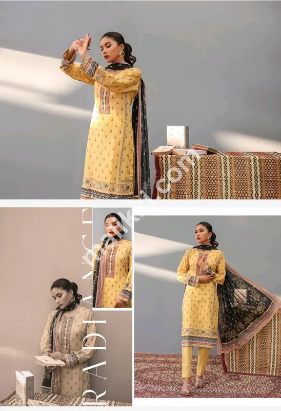 جاوید آرٹس نور بانو کلیکشن 3 پی سی ایس بغیر سلے ہوئے لان سوٹ