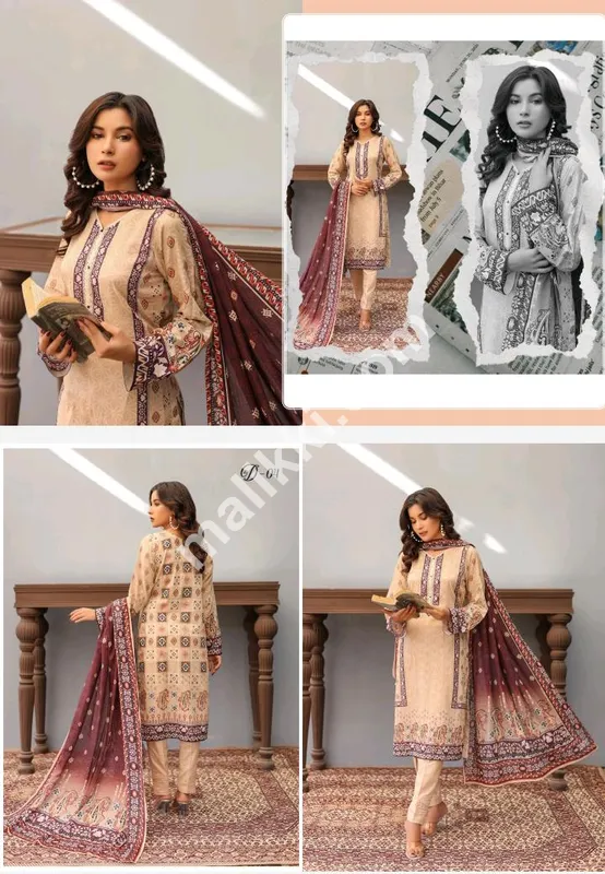 جاوید آرٹس نور بانو کلیکشن 3 پی سی ایس بغیر سلے ہوئے لان سوٹ