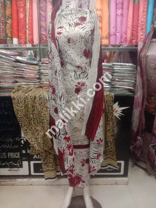 سفید خالص لان 3 پی سی ایس بغیر سلے ہوئے سوٹ