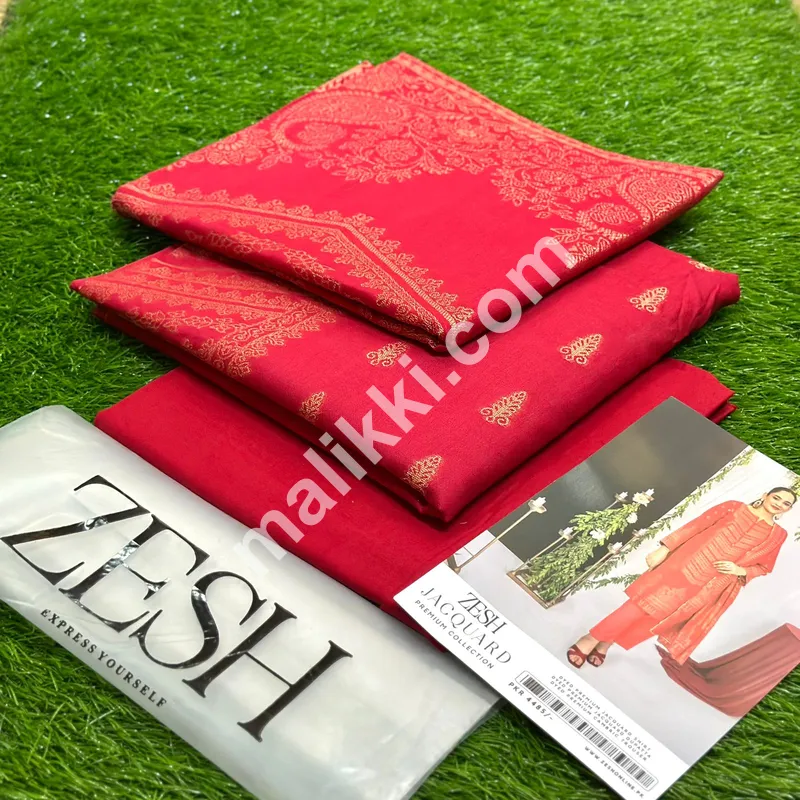 زیش جیکورڈ کلیکشن، 2025 سرخ رنگ میں 3 پیس بغیر سلے ہوئے سوٹ فروخت کے لیے دستیاب ہے۔