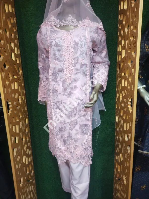 3 Pieces Printed Embroidery Organza Dress