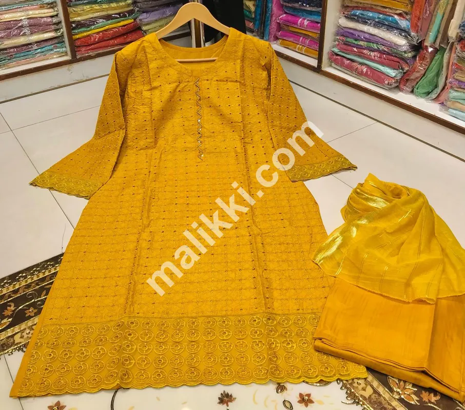 Mustard Cotton 3 Pcs Shalwar Kameez Suit for Ladies