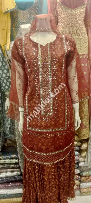 Organza 3 Pcs Flapper Design Suit for Ladies