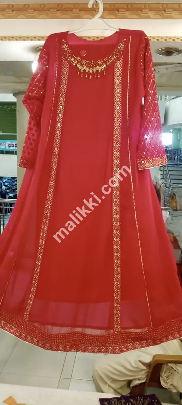 Chiffon 3 Pcs Red Frock for Ladies