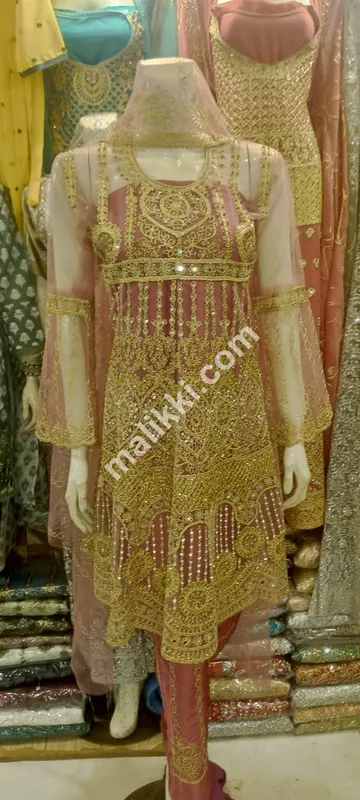 Fancy 3 Pcs Short Golden Frock for Ladies