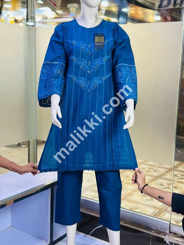 Blue Lawn Cotton 2 Pcs Ladies Dress